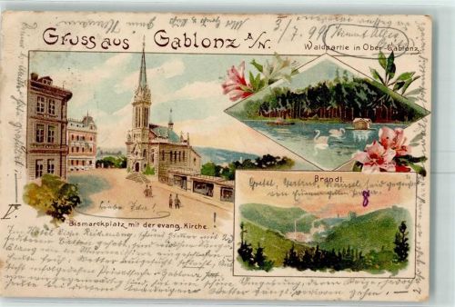 Jablonec n. Nisou 1899 Waldpartie in Ober-Gablonz Schwäne Brandl Bismarckplatz mit Ev. Kirche