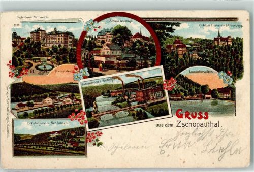 Zschopau Lithographie Vorläufer Druck 1890-1895 Technikum Mittweida Schoss Neusorge Schloss Kribstein Ehrenberg Dreiwerden Erholungsheim Schönborn Zschopaubrücke Neudörfgen Lauenhainer Mühle