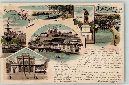 Beziers 1898 Fontaine et place de la Citadelle Pont canal Statue de Paul Rique Canal les 9 Ecluses Theatre