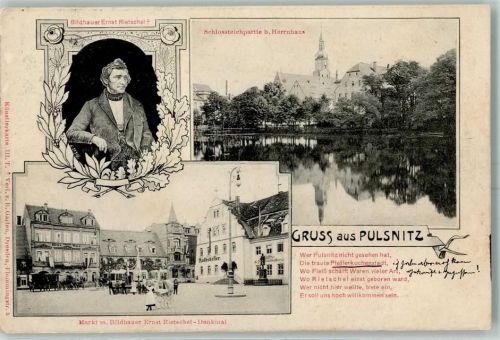 Pulsnitz 1907 Bildhauer Rietschel Denkmal , Markt AK