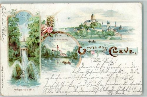 Cleve 1899 Amphitheater Springbrunnen Schwanenburg Schwäne