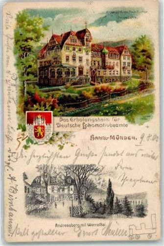 Hann. Münden 1903 Erholungsheim für Deutsche Lokomotivbeamte Andreesberg m. Werratal Wappen