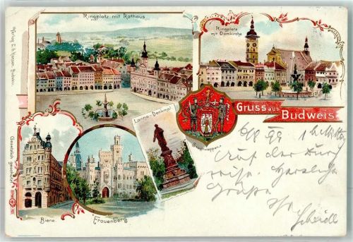 Ceske Budejovice 1899 Ringplatz mit Rathaus Domkirche Biene Frauenberg Lanna Denkmal