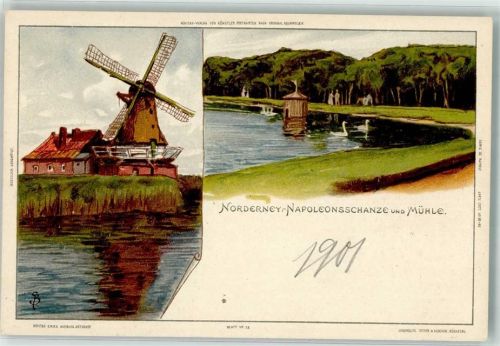 Norderney Napoleonschanze Schwäne Windmühle sign. CB.
