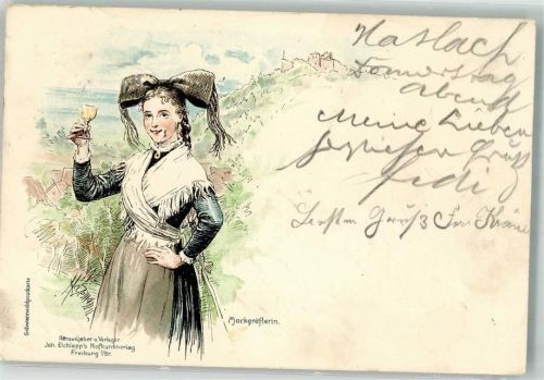 1900 Schwarzwaldpostkarte Markgräflerin in Tracht mit einem Glas badischen Wein Verlag Elchlepp