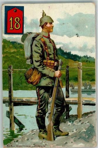 W6740 Landau in der Pfalz Soldat des 18. Artillerie Regimentes in Uniform mit Pickelhaube und Karabiner Verlag Patria Feldpost WK I Landau Maschinenstempel Hoffmann, A. Künstlerkarte