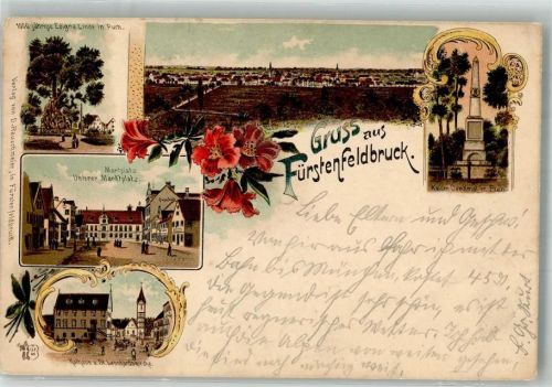 Fürstenfeldbruck 1900 Kaiser Denkmal Marktplatz Rathaus Kirche St. Leonhardi Lithographie