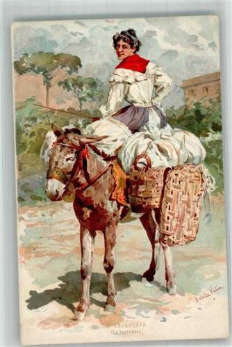 1900 sign. A. della Valle La Lavandaia Frau Händlerin auf dem Esel