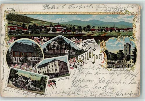 02681 O8609 Wilthen 1900 Lithographie Panorama Hantusch's Restauration Jägerhaus Goldener Engel Erbgericht Mönchswalder Berg-Rest.