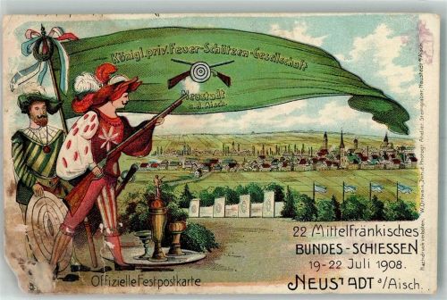 Neustadt 1908 Lithographie-Künstlerkarte 22. Mittelfränk. Bundesschiessen 1908 Kgl priv. Feuerschützen-Gesellschaft Eckschäden