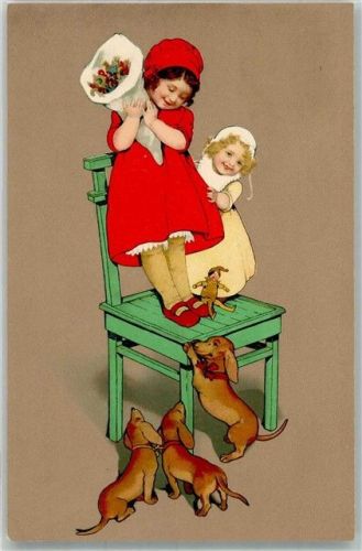Kinder Dackel Puppe Meissner u. Buch Serie 1767 Tierfreunde Flatscher, M. Künstlerkarte