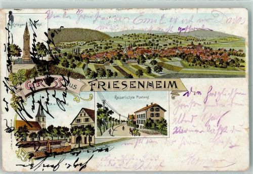 Friesenheim 1900 Kriegerdenkmal Kirche Rathaus Kaiserliches Postamt Lithographie