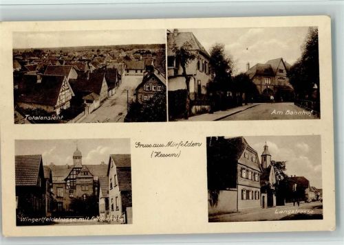64546 W6082 Mörfelden - Am Bahnhof, Langstraße, Wingerfeldstraße und Teilansicht 1930 AK