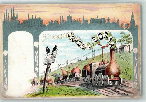 Borna 1898 Gruss aus Jugendstil - Prachtkarte - Eisenbahn mit Zwiebeln beladen