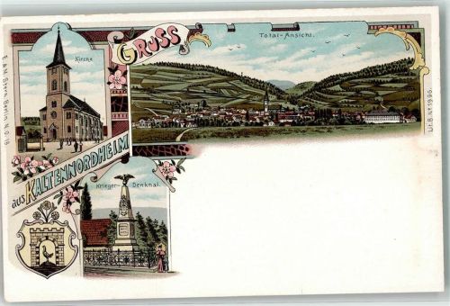 36452 O6208 Kaltennordheim Gebrauchsspuren Wappen Kriegerdenkmal Kirche Lithographie