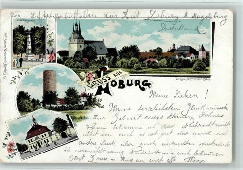 Loburg 1903 Gruss aus - Rathaus, Wasserturm, Eckknick