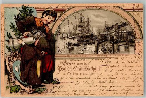 München 1897 Der alte Hafen in Hamburg Segelschiffe Pschorr Bräu Bierhallen