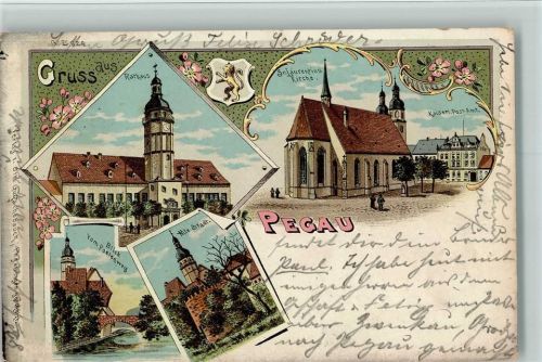 Pegau 1900 Gruss aus - Rathaus, Kirche, Postamt AK