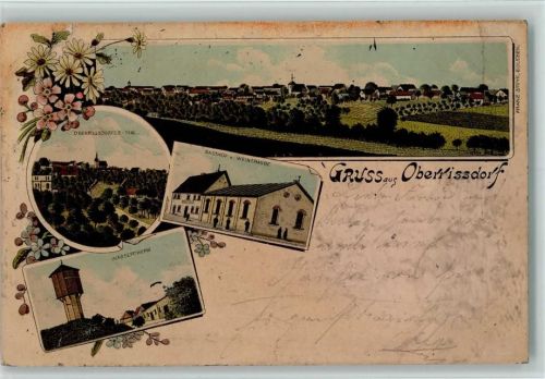 Oberrißdorf 1900 Gruss aus - Litho, Wasserturm, Gasthaus z. Weintraube - Flecken, Einknick