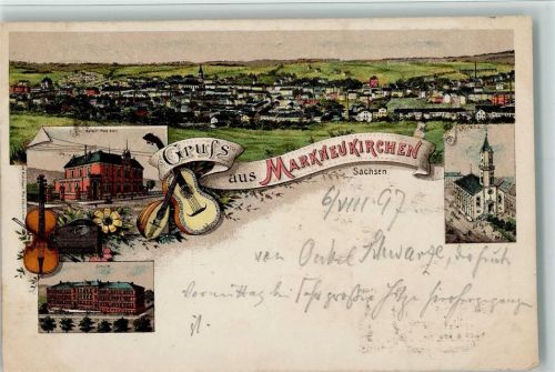 Markneukirchen 1897 Gruss aus - Postamt, Schule , AK