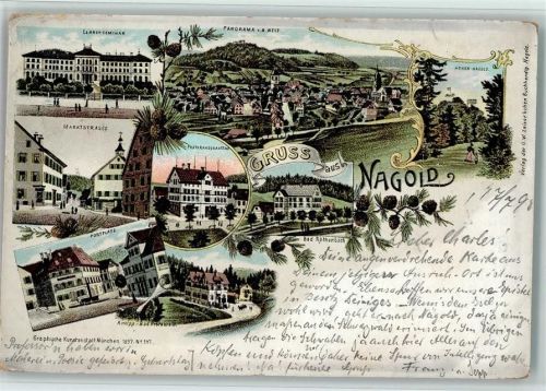 Nagold 1898 Lehrersminar Panorama von Westen Hohen-Nagold Marrktstrasse Präparandenanstalt Bad Röthenbach Postplatz Kneipp-Bad Restaurant