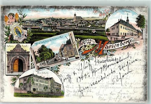 Marienberg 1896 Rathausportal Blick nach dem Zschopauer Tor Neue Schule Rathaus Engel