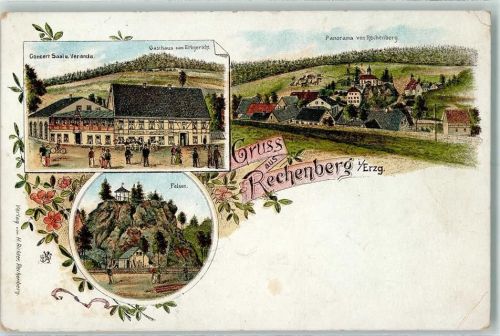 09623 O9213 Rechenberg-Bienenmühle Gebrauchsspuren Gasthaus zum Erbgericht Konzertsaal Veranda Felsen Lithographie