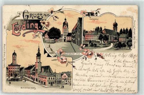 85435 W8058 Erding 1899 Lithographie Landshuter Tor Schrennenplatz Heiligblut