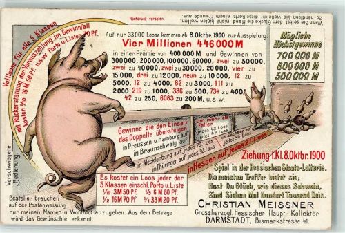 Darmstadt 1900 Schwein vermenschlicht Kegeln Hessische Staats-Lotterie AK