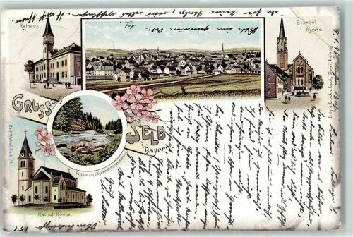 Selb 1898 Rathaus Ev. Kirche Kath. Kirche Lithographie