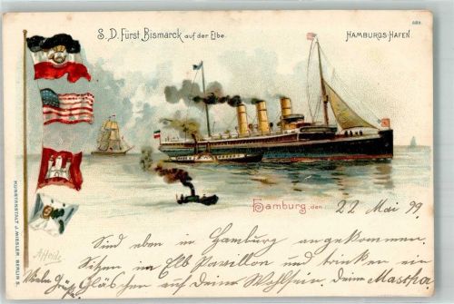 W2000 Hamburg S.D. Fürst Bismarck auf der Elbe sign. A. Heide Hapag Lloyd 1899 Lithographie / Künstlerkarte