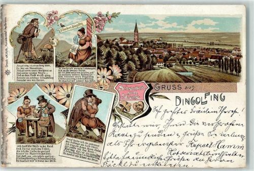 84130 W8312 Dingolfing 1902 Lithographie Schwammerl und Herz Gedicht Reise nach Dingolfing