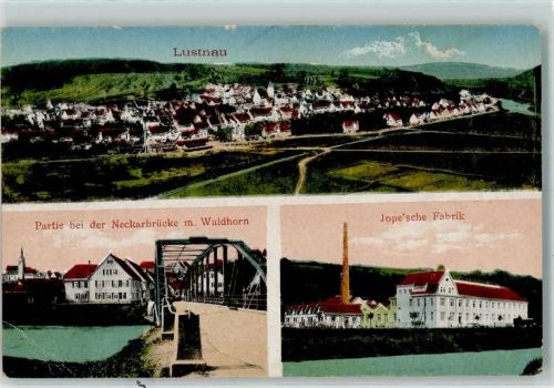 Lustnau Partie bei der Neckarbrücke mit Waldhorn Jopesche Fabrik