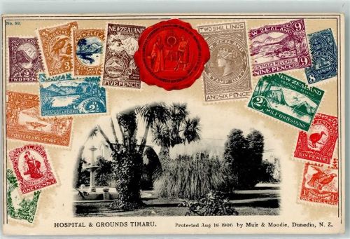 Briefmarken Collage Siegel Hospital u. Grounds Timaru Lithographie