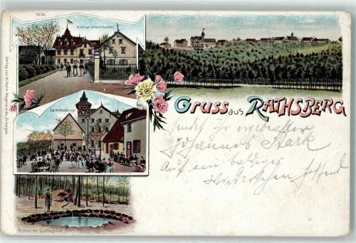 91080 W8525 Rathsberg 1899 Lithographie Hotel zur schönen Aussicht Gartenrestaurant Wildniss mit Quellgebiet