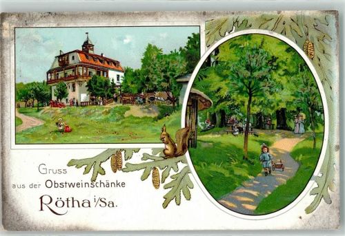 Rötha 1916 Obstweinschänke Eichhörnchen Tannenzapfen Bahnpoststempel
