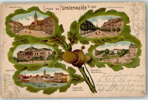 15517 O1240 Fürstenwalde , Spree Gebrauchsspuren Eichenblatt Markt Rathaus Gymnasium Promenadenstraße Kaiserplatz Lithographie