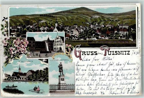 Pulsnitz 1898 Marktplatz Schlosteich Rietschel-Denkmal Lithographie