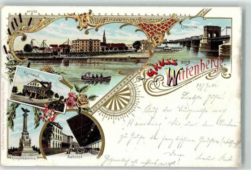 19322 O2900 Wittenberge , Prignitz 1901 Lithographie Kurhaus Kriegerdenkmal Bahnhof Elbbrücke Rosen