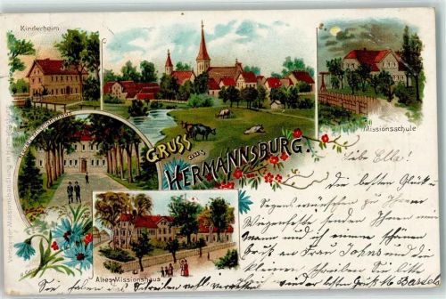 29303 W3102 Hermannsburg 1899 Lithographie Kinderheim Missionsschule Neues Missionshaus altes Missionshaus