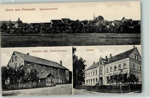 04643 O7231 Prießnitz b Geithain - Gruss Gasthaus Bruno Krause Schule Kirche Fabrik