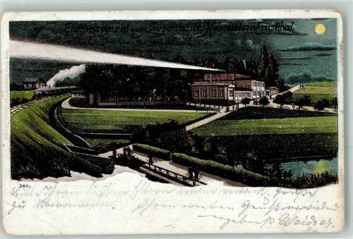 Hohenstein-Ernstthal Etablissement zum Sogenhaus Gasthaus Mond Eisenbahn Lok Dampf Lithographie
