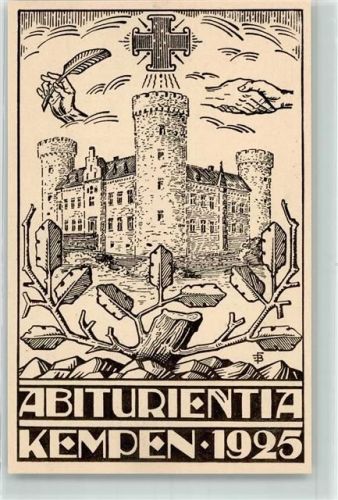 47906 W4152 Kempen , Niederrhein Künstlerkarte Abiturientia1925 Feder Kreuz Blätter