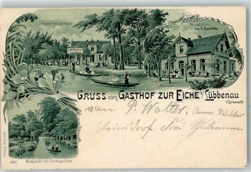 03222 O7543 Lübbenau 1906 Lithographie Gasthaus mit Landeplatz Gasthaus z. Eiche bei Forsthaus Eiche