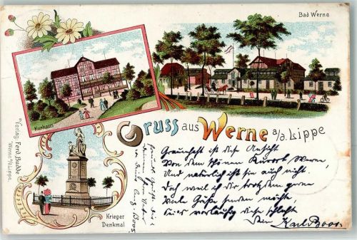 Werne 1900 Kurhaus Bad Kriegerdenkmal Kutsche Fahne Schwarz-Weiß-Rot Gruss