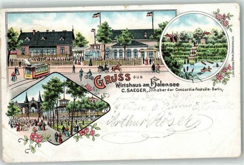 Halensee Gruss aus dem Wirtshaus C. Saeger Gasthaus Straßenbahn Ruderboot Kutsche fahne Schwarz-Weiß-Rot Blumen Lithographie