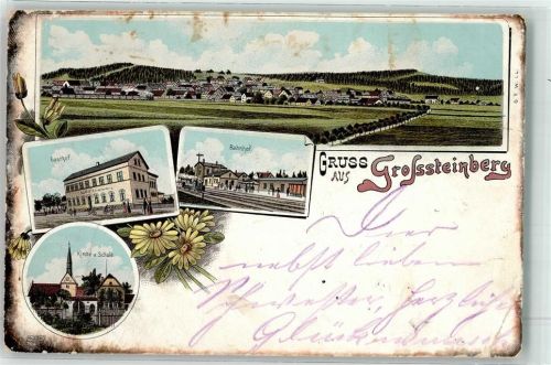 Großsteinberg 1898 Bahnhof Gasthaus Kirche Schule Bahnpoststempel Litho