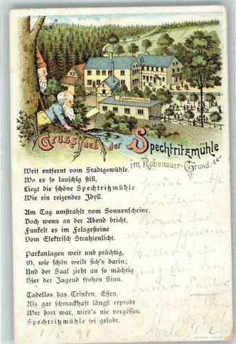01734 O8222 Rabenau , Sachs 1898 Lithographie Gasthaus zur Spechritzmühle Gedicht Rabenauer Grund