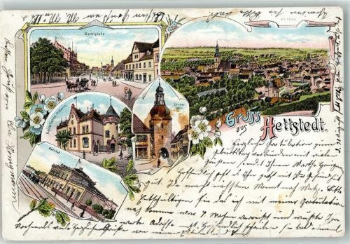 06333 O4270 Hettstedt , Sachs-Anh 1898 Gebrauchsspuren Marktplatz Saiger Tor Bahnhof Kaiserliches Postamt Eisenbahn Kirche Kutsche Blumen Gruss Lithographie