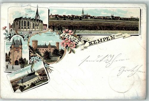47906 W4152 Kempen , Niederrhein 1897 Lithographie Pfarrkirche Kuhtor Museum Lehrerseminar u. Franziskanerkirche Gymnasium Thomaeum